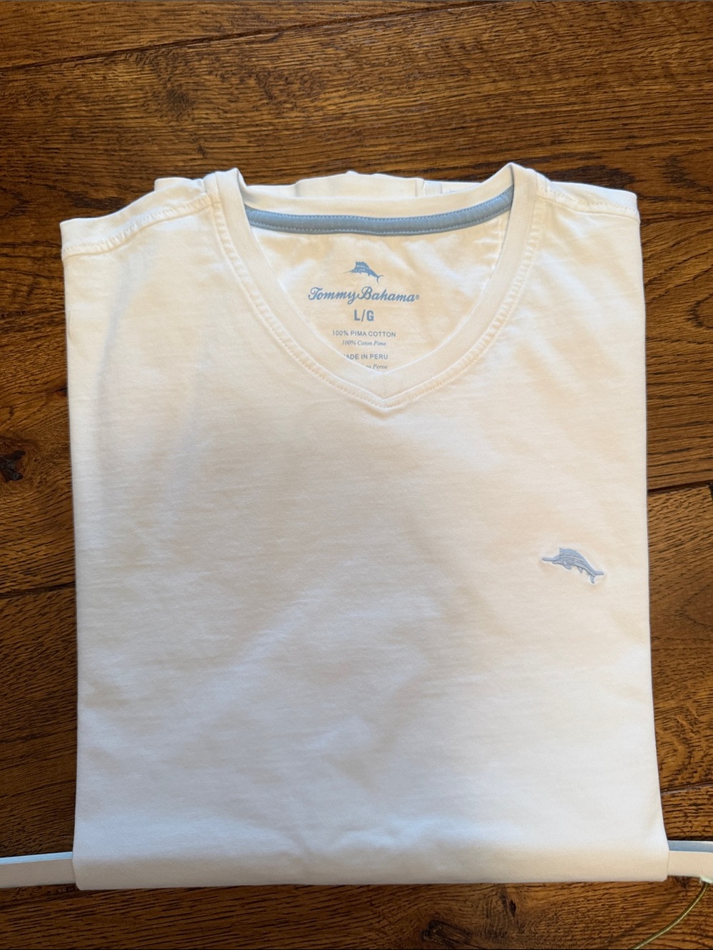 Tommy Bahama White V-Neck Tee with Light Blue Marlin